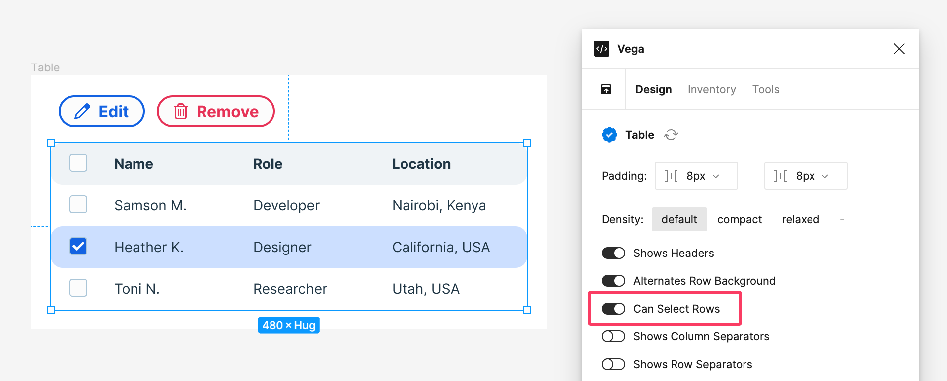 Selectable Rows Setting